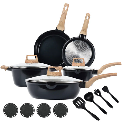 [ New ]FDN 16-Pc Aesthetic Cookware Collection, Non-Toxic Pfas-Free Titanium Caremic Granite Pots and Pans Set, Easy-Clean Oven & Dishwasher Safe, Induction Ready Cooking Set with 10" (24Cm) Fry Pan, Glass Lids, Kitchen Utensils, Aluminium, Deals for You