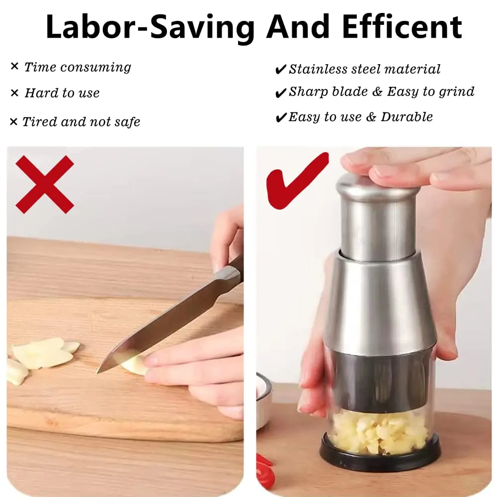 Multifunctional Stainless Steel Garlic Chopper, Onion Press, Manual Vegetable Chopper, Easy Clean, Silver
