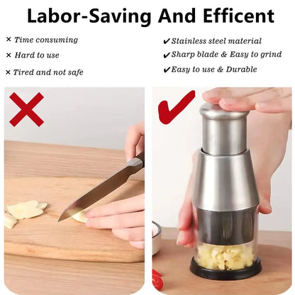 Multifunctional Stainless Steel Garlic Chopper, Onion Press, Manual Vegetable Chopper, Easy Clean, Silver