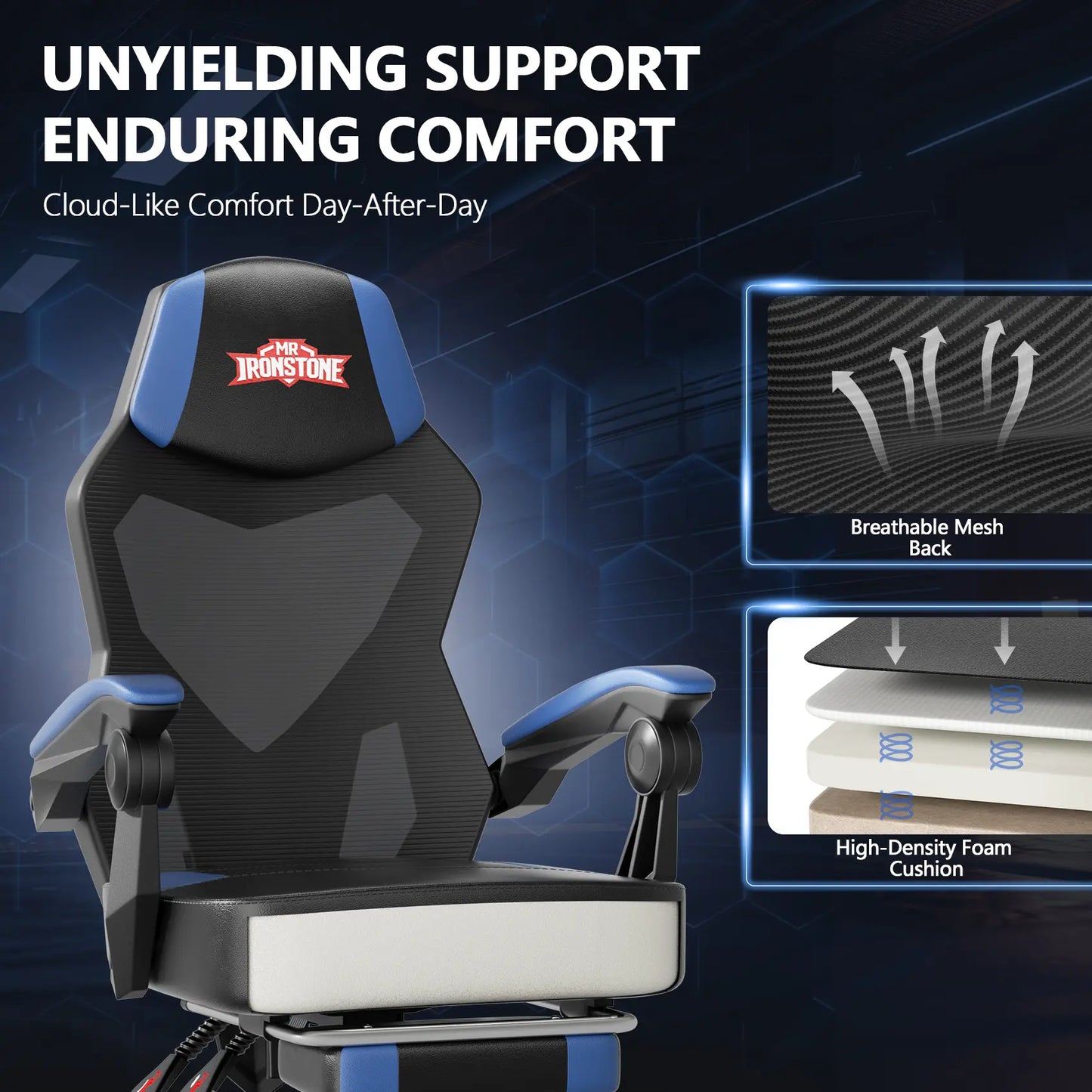 【Mecha Glow Chair】Mr IRONSTONE Gaming Chair, Mecha Style Breathable Mesh Back Esports Chair with LED Lights & Footrest, Ergonomic High-Back Computer Desk Chair for Summer Cooling, Gamer Gift NEW Arrival!!!Level up Your Setup for Summer!