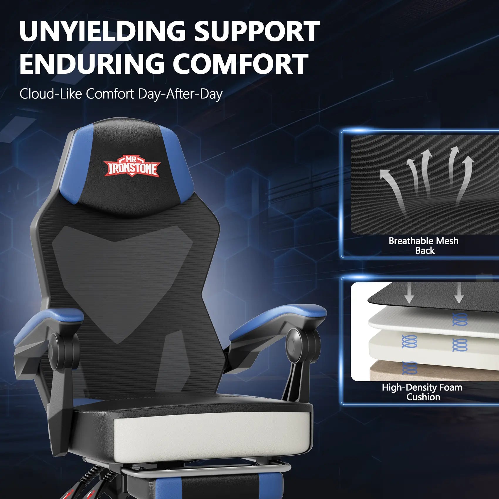 【Mecha Glow Chair】Mr IRONSTONE Gaming Chair, Mecha Style Breathable Mesh Back Esports Chair with LED Lights & Footrest, Ergonomic High-Back Computer Desk Chair for Summer Cooling, Gamer Gift NEW Arrival!!!Level up Your Setup for Summer!