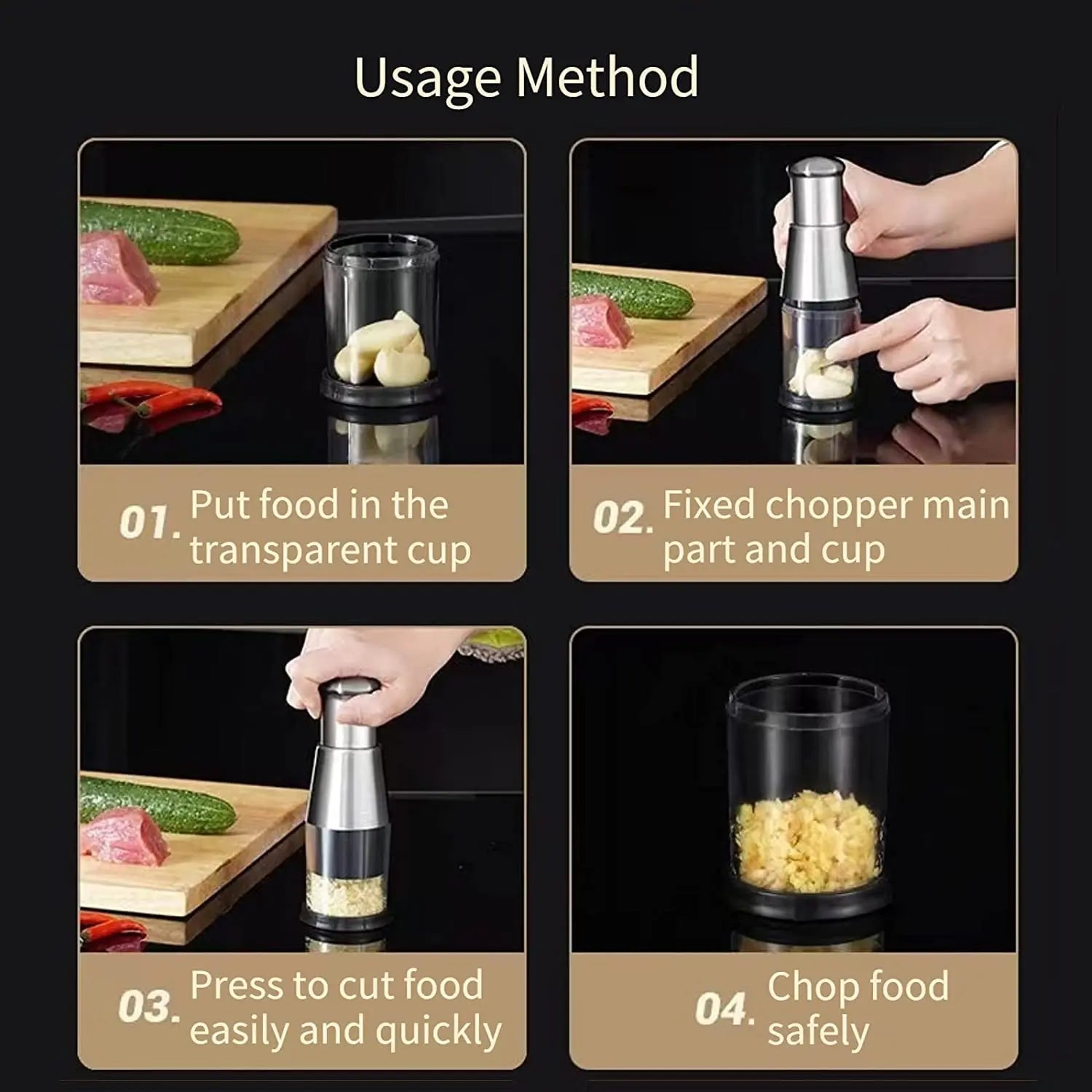 Multifunctional Stainless Steel Garlic Chopper, Onion Press, Manual Vegetable Chopper, Easy Clean, Silver