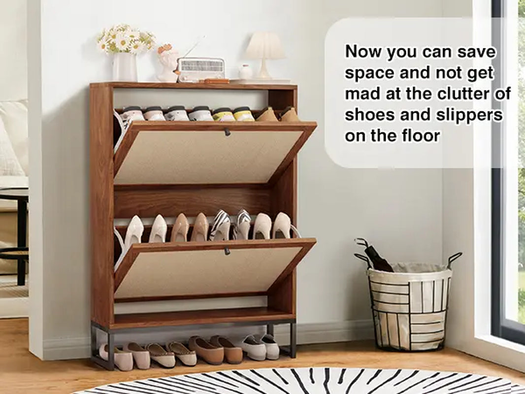 Giratree Slim Shoe Cabinet for Entryway, 34.7'' Hidden Shoe Storage Cabinet with Flip Drawers, Narrow Freestanding Shoe Rack Organizer with Metal Base and Linen Door Accent