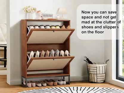 Giratree Slim Shoe Cabinet for Entryway, 34.7'' Hidden Shoe Storage Cabinet with Flip Drawers, Narrow Freestanding Shoe Rack Organizer with Metal Base and Linen Door Accent