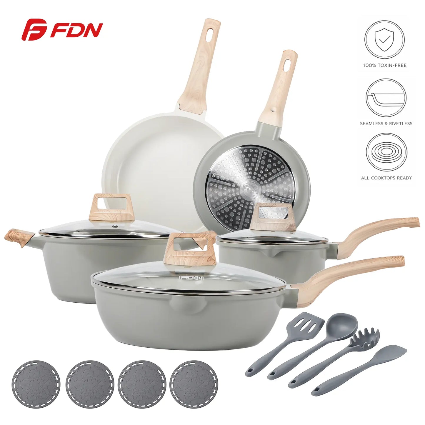 [ New ]FDN 16-Pc Aesthetic Cookware Collection, Non-Toxic Pfas-Free Titanium Caremic Granite Pots and Pans Set, Easy-Clean Oven & Dishwasher Safe, Induction Ready Cooking Set with 10" (24Cm) Fry Pan, Glass Lids, Kitchen Utensils, Aluminium, Deals for You
