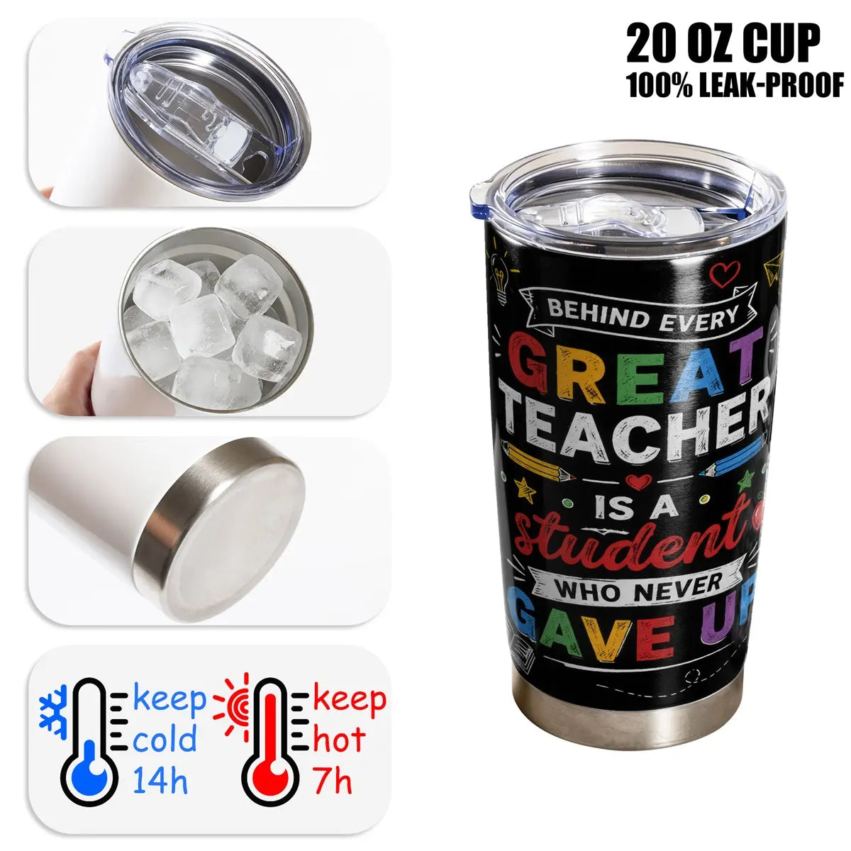 1 Pc, 40Oz/30Oz/22Oz/20Oz Stainless Steel Cup Teacher Appreciation Gift Vacuum Insulated Travel Flask Tumbler 18/8 Food Grade Double Wall Cup Insulated Drink Cup with Leak Proof Lid Keep Cold 24H Hot 12H Car Cup Holder Friendly for Teacher Stud