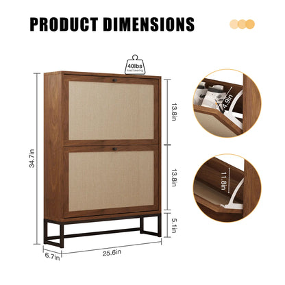 Giratree Slim Shoe Cabinet for Entryway, 34.7'' Hidden Shoe Storage Cabinet with Flip Drawers, Narrow Freestanding Shoe Rack Organizer with Metal Base and Linen Door Accent