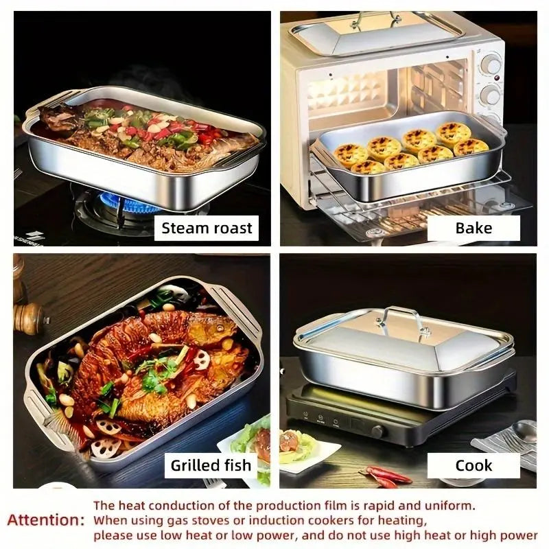 Set of 2/4 Extra Large Stainless Steel Bakingpans with Lids -Non-Stick Thick-Bottomedrectangular Oven Traysfordesserts Breadand Seafood Perfect for Grillingandbuffetserving Spacious Design Non-Sticksurface Ovensafebaking Pans Mother'S Daygift