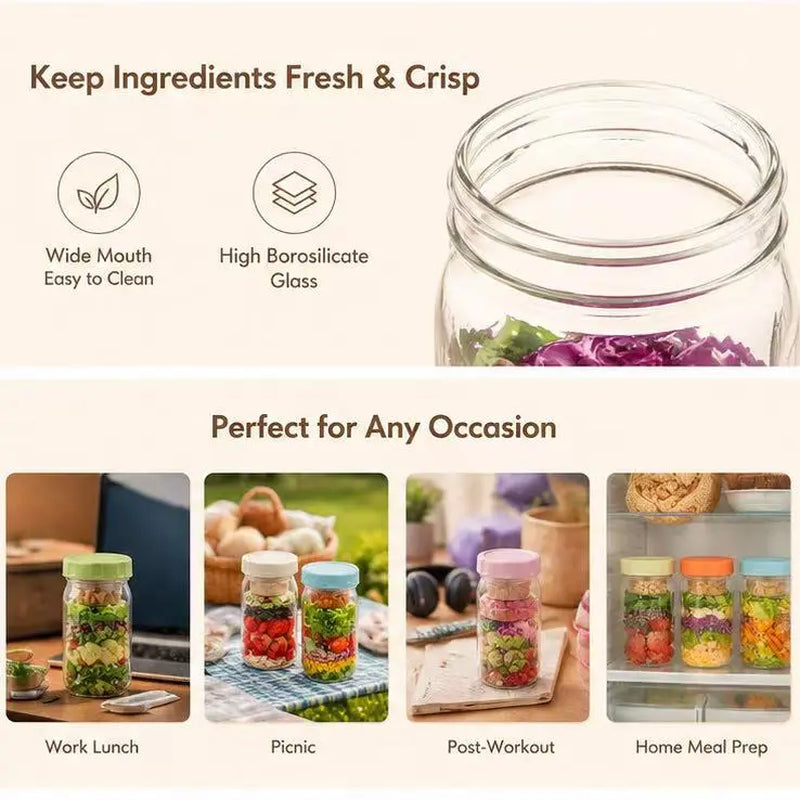 4-Pack 32Oz Airtight Sealable Glass Salad Jars with Screw-On Lids - Kitchen Food Storage Containers, Built-In Wet/Dry Separation Boxes, Meal Prep Containers for Work Lunches, Fridge-Friendly, Customizable, Glass Food Container, Storage Bottles & Jars