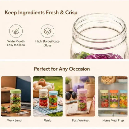4-Pack 32Oz Airtight Sealable Glass Salad Jars with Screw-On Lids - Kitchen Food Storage Containers, Built-In Wet/Dry Separation Boxes, Meal Prep Containers for Work Lunches, Fridge-Friendly, Customizable, Glass Food Container, Storage Bottles & Jars