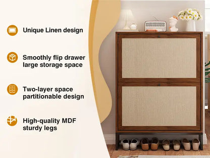 Giratree Slim Shoe Cabinet for Entryway, 34.7'' Hidden Shoe Storage Cabinet with Flip Drawers, Narrow Freestanding Shoe Rack Organizer with Metal Base and Linen Door Accent