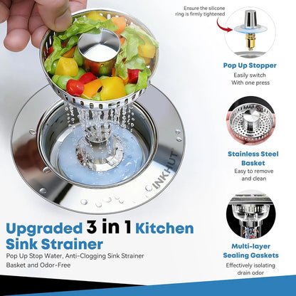 Anti-Clogging 3-In-1 Kitchen Sink Drain Filter | Pop-Up Stopper & Food Catcher, Odor-Proof, No Tools Needed (3.5 Inch)