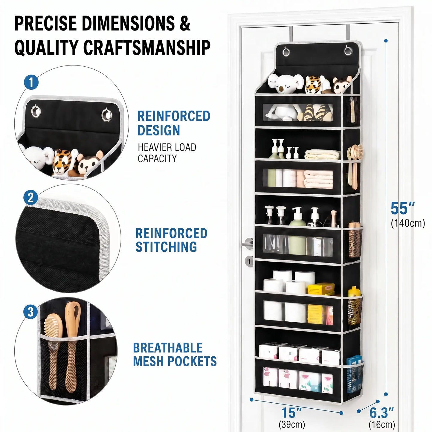 5-Tier over the Door Organizer, Heavy Duty Hanging Storage Bag with Clear Windows & Mesh Side Pockets, No-Drill Space Saver Organizer for Bathroom, Bedroom, Nursery, Pantry (Fits Standard Doors)