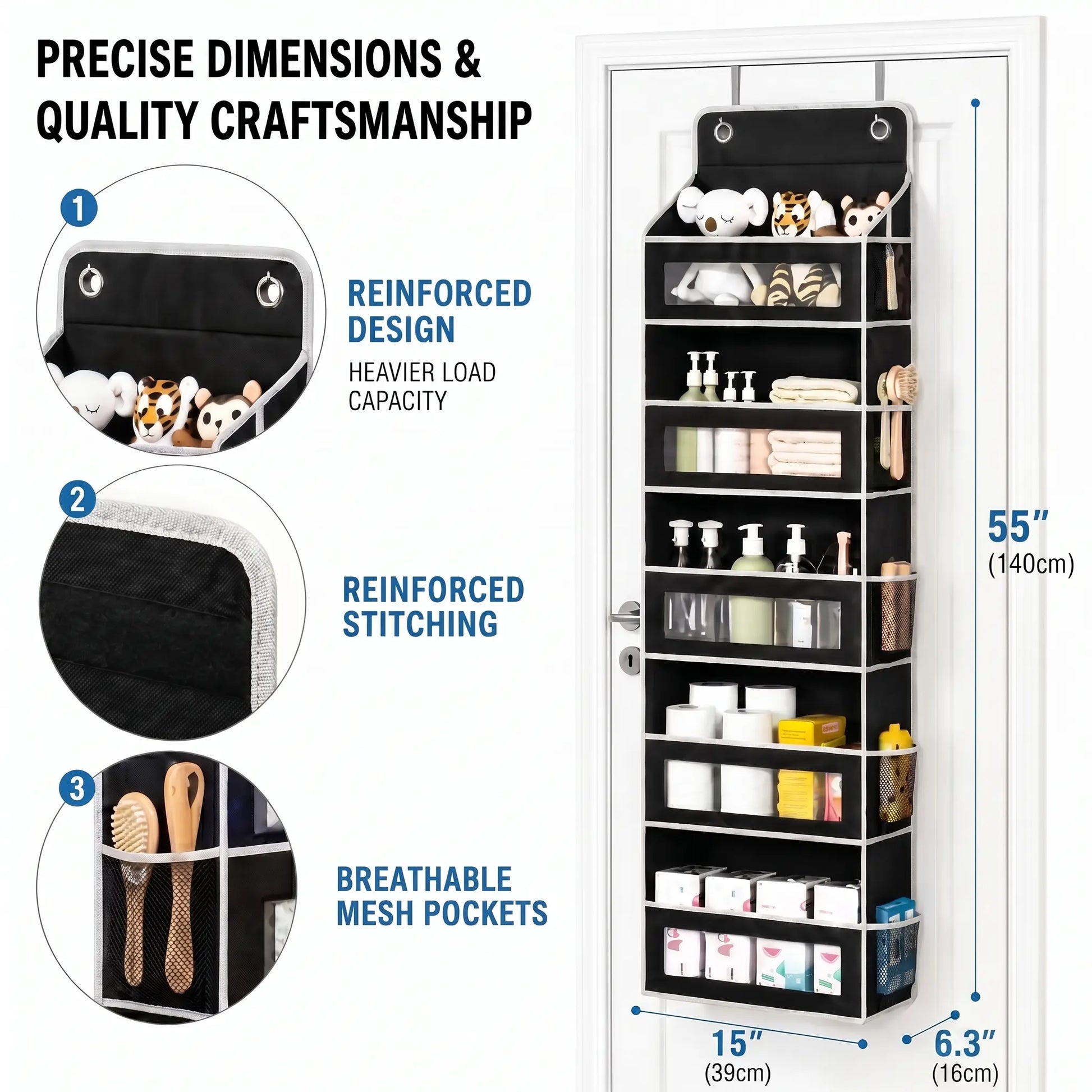 5-Tier over the Door Organizer, Heavy Duty Hanging Storage Bag with Clear Windows & Mesh Side Pockets, No-Drill Space Saver Organizer for Bathroom, Bedroom, Nursery, Pantry (Fits Standard Doors)