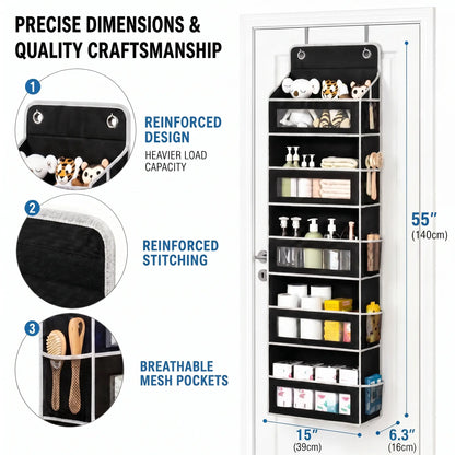 5-Tier over the Door Organizer, Heavy Duty Hanging Storage Bag with Clear Windows & Mesh Side Pockets, No-Drill Space Saver Organizer for Bathroom, Bedroom, Nursery, Pantry (Fits Standard Doors)