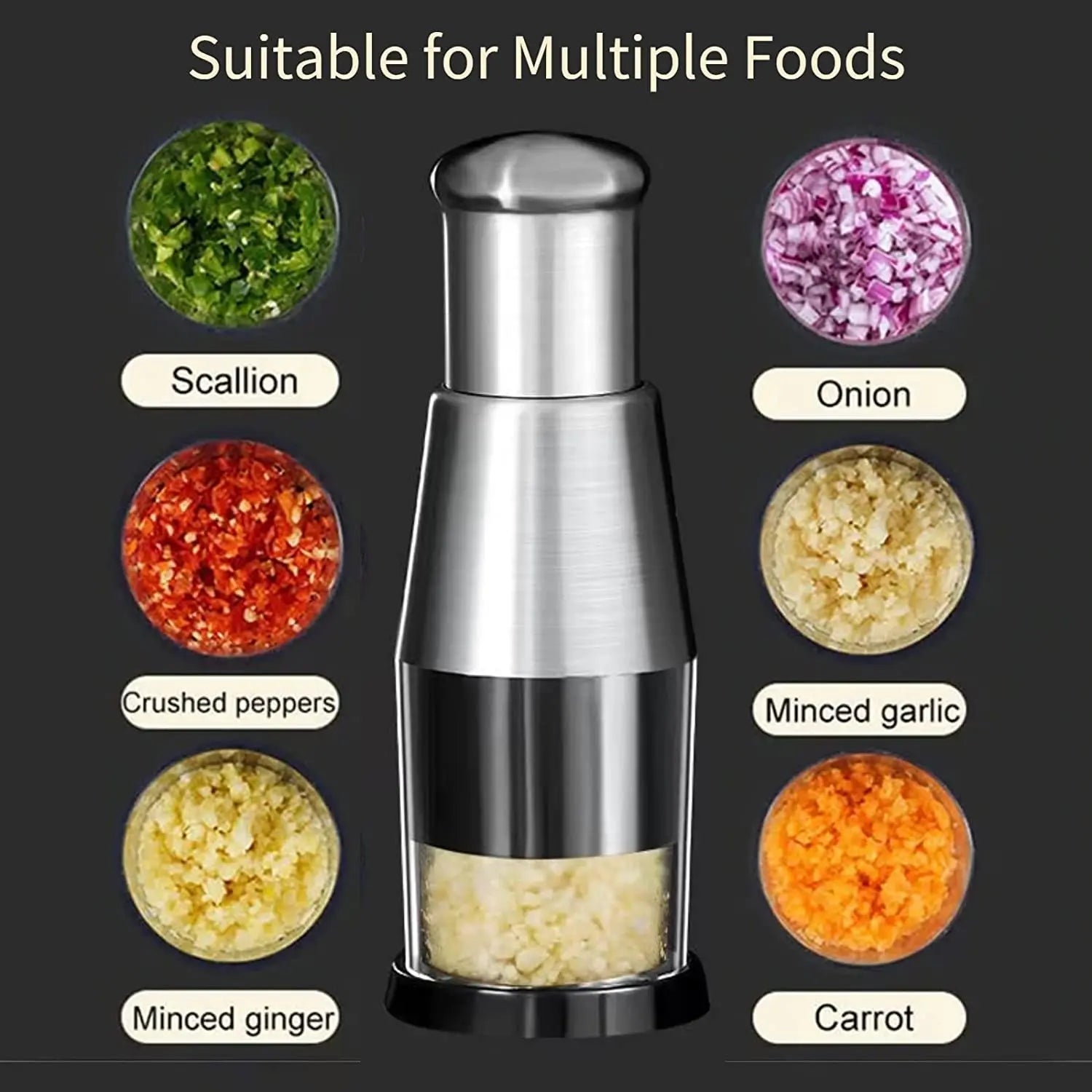 Multifunctional Stainless Steel Garlic Chopper, Onion Press, Manual Vegetable Chopper, Easy Clean, Silver