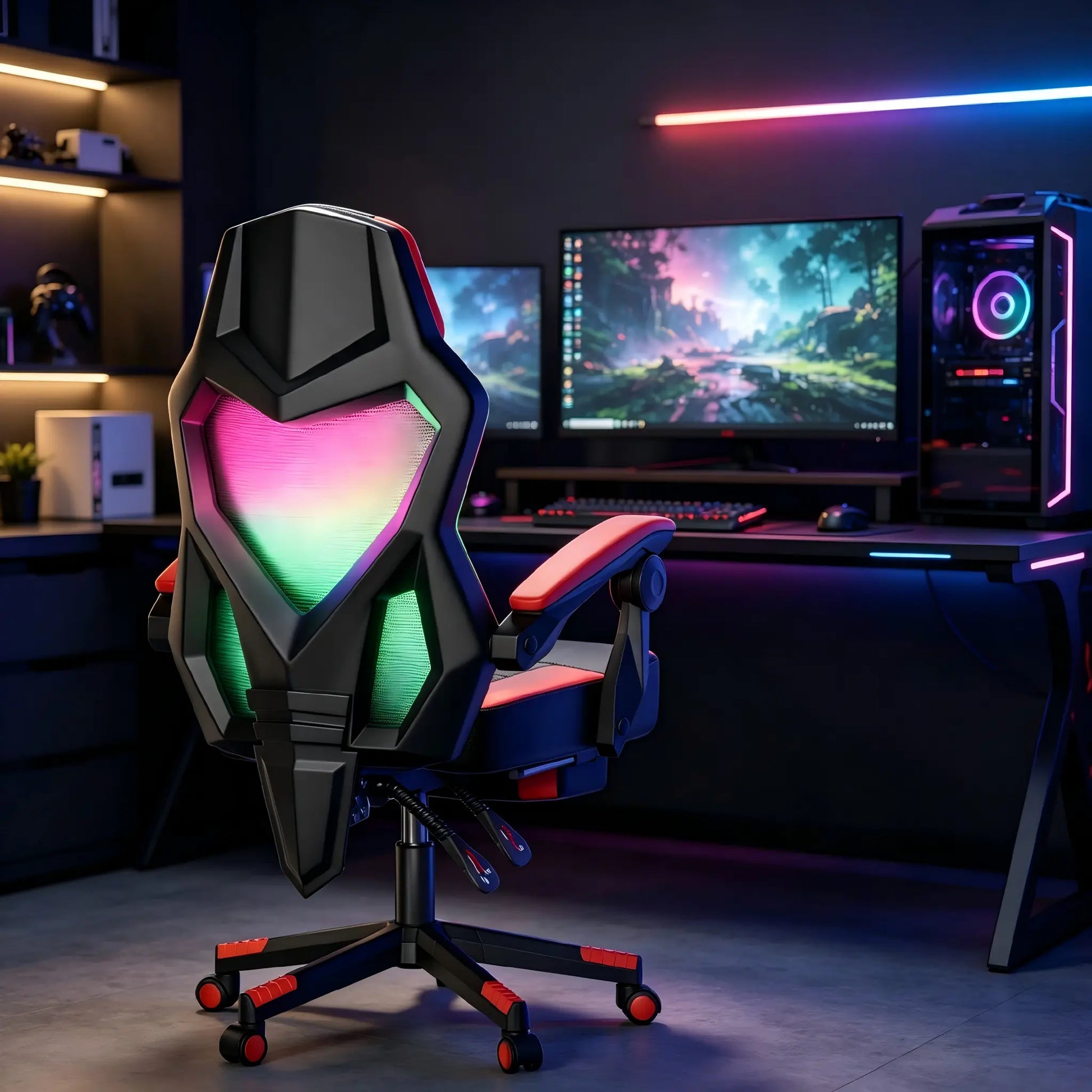 【Mecha Glow Chair】Mr IRONSTONE Gaming Chair, Mecha Style Breathable Mesh Back Esports Chair with LED Lights & Footrest, Ergonomic High-Back Computer Desk Chair for Summer Cooling, Gamer Gift NEW Arrival!!!Level up Your Setup for Summer!