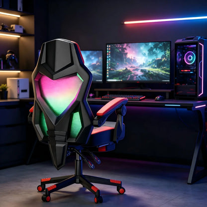 【Mecha Glow Chair】Mr IRONSTONE Gaming Chair, Mecha Style Breathable Mesh Back Esports Chair with LED Lights & Footrest, Ergonomic High-Back Computer Desk Chair for Summer Cooling, Gamer Gift NEW Arrival!!!Level up Your Setup for Summer!