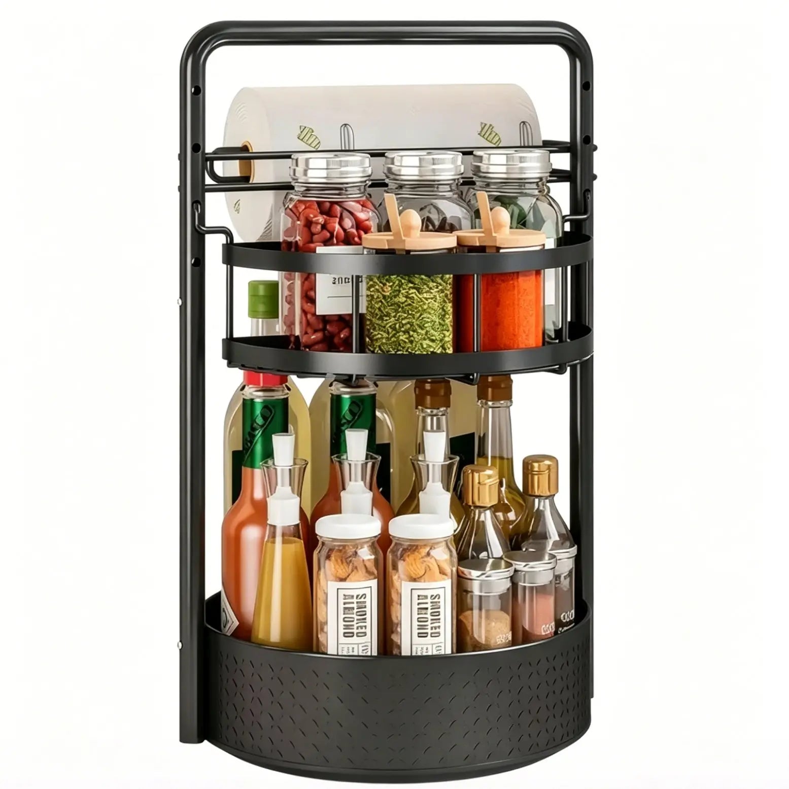 2 Tier 360 Rotating Spice Rack Lazy Susan Organizer, Heavy Duty Metal Frame Countertop Caddy with Paper Towel Holder Keeps Seasonings & Condiments Easy to Reach for Homeowners, Cooks & Families, for Kitchen Countertop, Cabinet, Pantry & Table