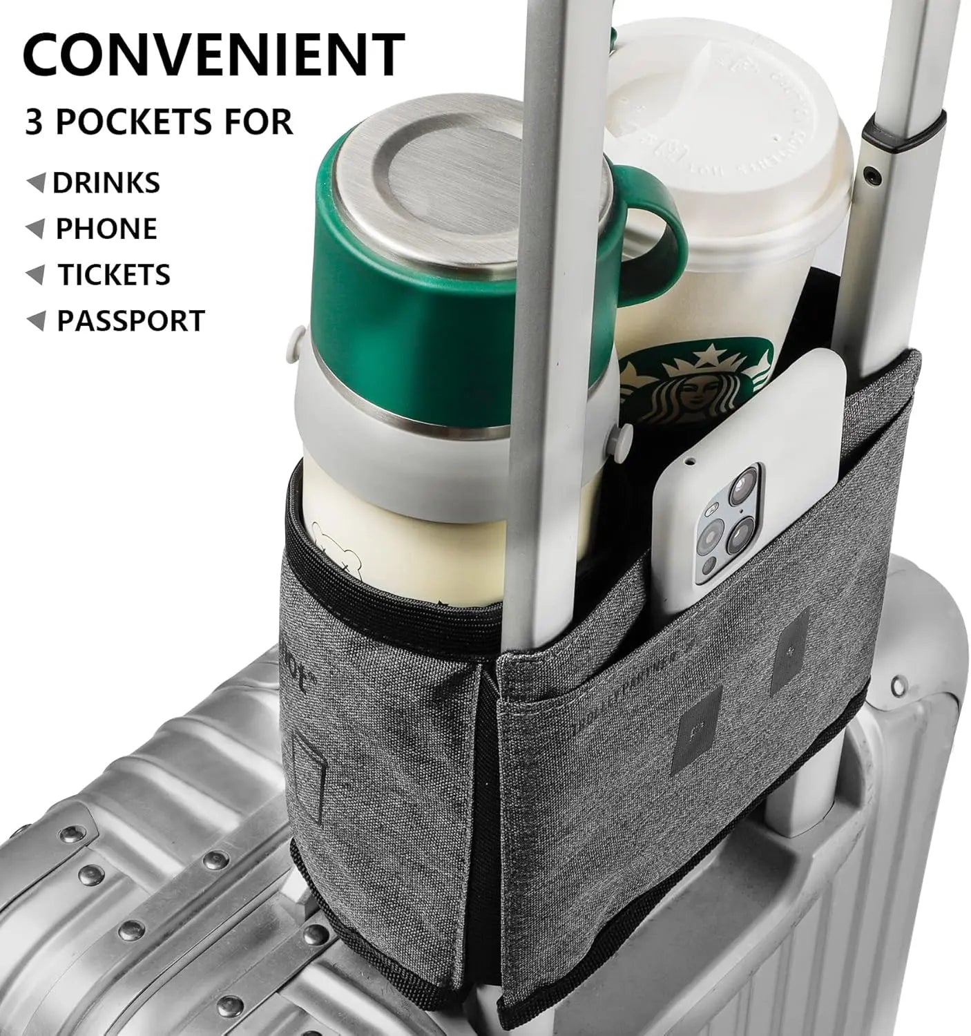 Stylish Luggage Cup Holder - Organized, Functional Roll-On Suitcase Handle Accessory, Hands-Free Drink Carrier, Accommodates 2 Mugs, Secures Mugs, Travel Gifts for Flight Attendants