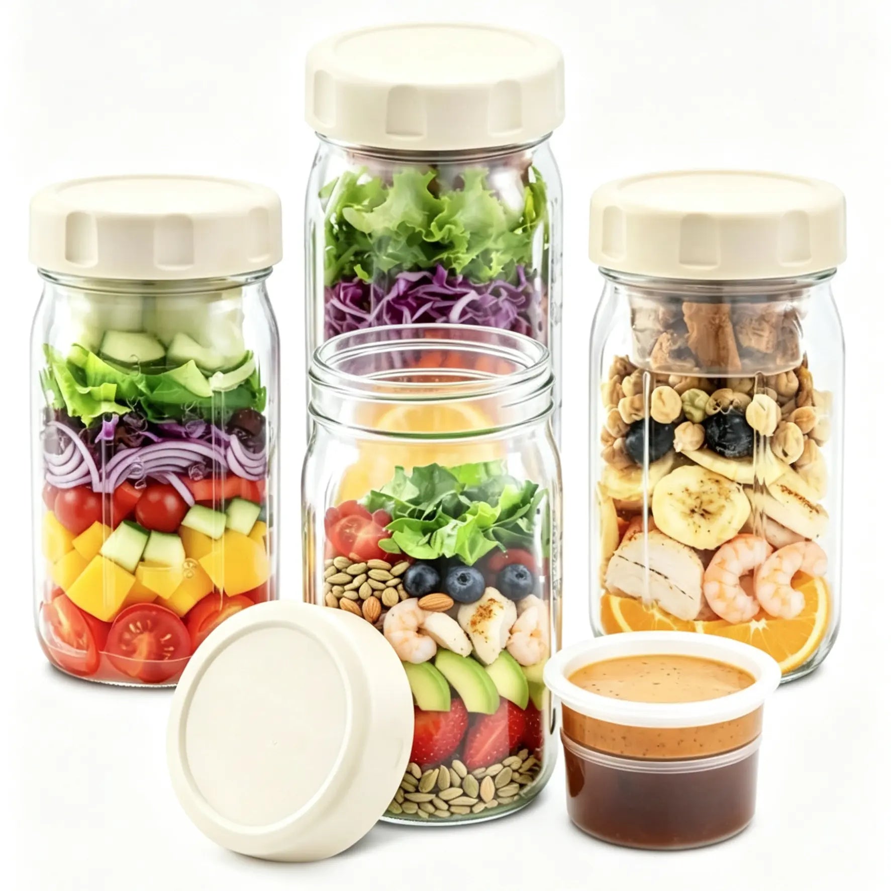 4-Pack 32Oz Airtight Sealable Glass Salad Jars with Screw-On Lids - Kitchen Food Storage Containers, Built-In Wet/Dry Separation Boxes, Meal Prep Containers for Work Lunches, Fridge-Friendly, Customizable, Glass Food Container, Storage Bottles & Jars