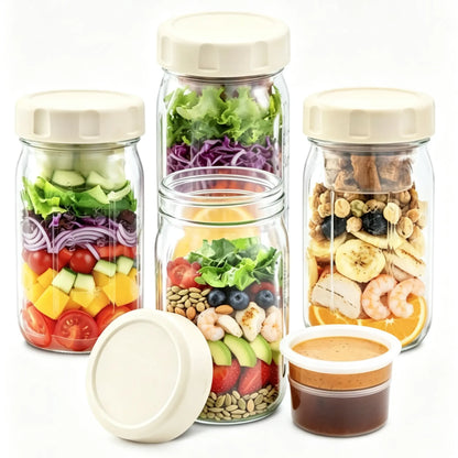 4-Pack 32Oz Airtight Sealable Glass Salad Jars with Screw-On Lids - Kitchen Food Storage Containers, Built-In Wet/Dry Separation Boxes, Meal Prep Containers for Work Lunches, Fridge-Friendly, Customizable, Glass Food Container, Storage Bottles & Jars