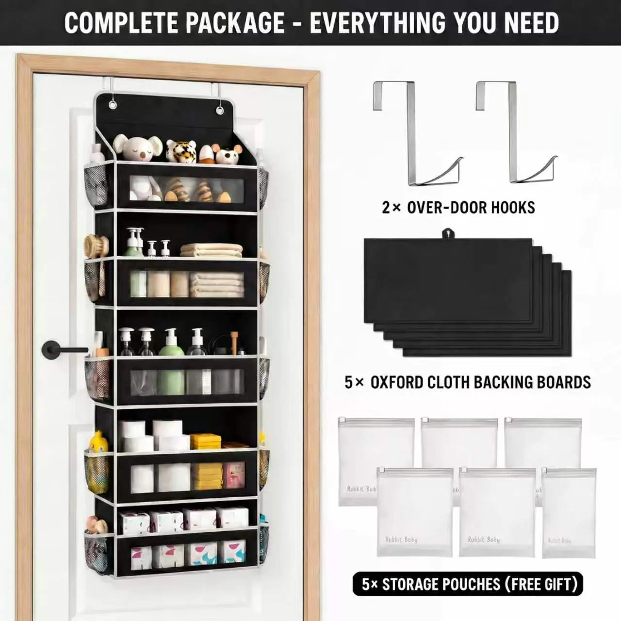 5-Tier over the Door Organizer, Heavy Duty Hanging Storage Bag with Clear Windows & Mesh Side Pockets, No-Drill Space Saver Organizer for Bathroom, Bedroom, Nursery, Pantry (Fits Standard Doors)
