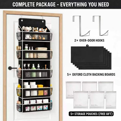 5-Tier over the Door Organizer, Heavy Duty Hanging Storage Bag with Clear Windows & Mesh Side Pockets, No-Drill Space Saver Organizer for Bathroom, Bedroom, Nursery, Pantry (Fits Standard Doors)