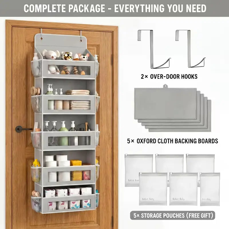 5-Tier over the Door Organizer, Heavy Duty Hanging Storage Bag with Clear Windows & Mesh Side Pockets, No-Drill Space Saver Organizer for Bathroom, Bedroom, Nursery, Pantry (Fits Standard Doors)