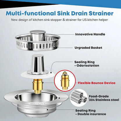 Anti-Clogging 3-In-1 Kitchen Sink Drain Filter | Pop-Up Stopper & Food Catcher, Odor-Proof, No Tools Needed (3.5 Inch)