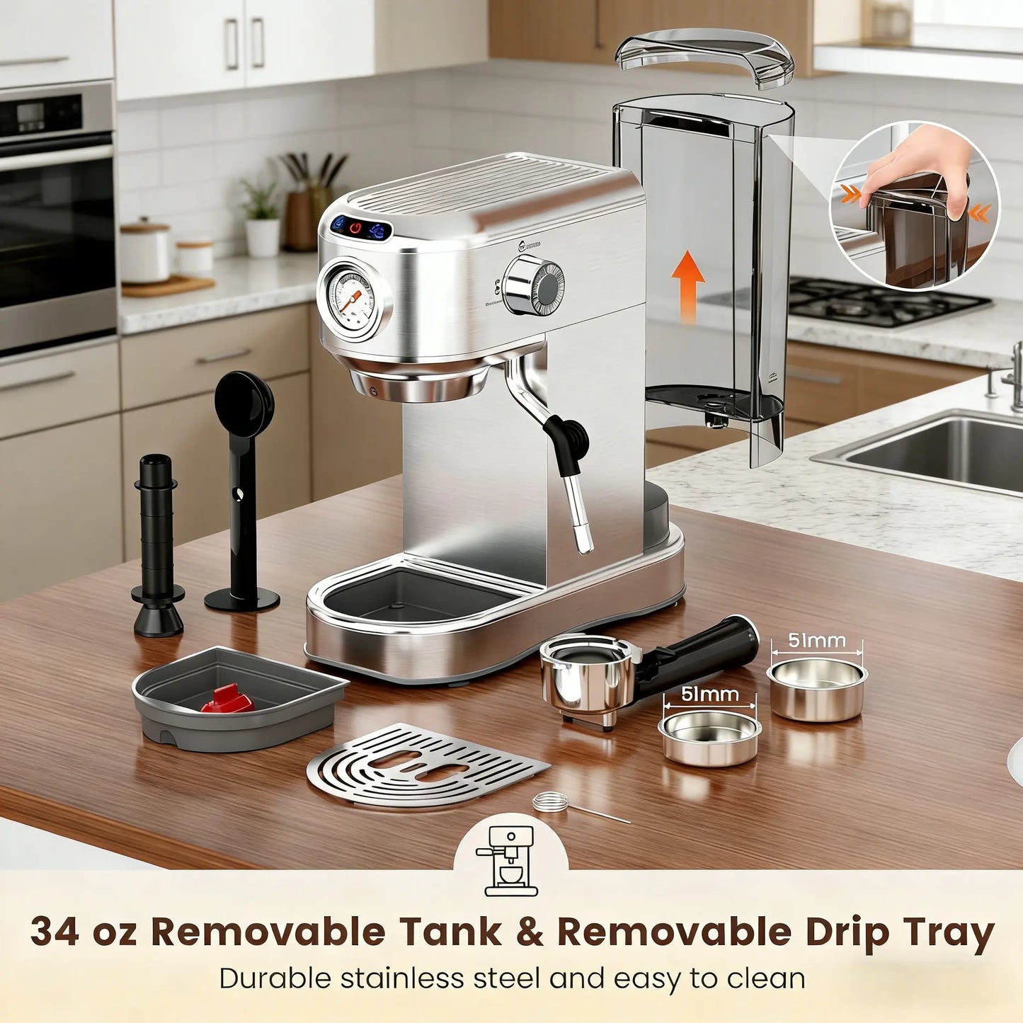 Semi-Automatic 20-Bar at Home Espresso Machine, 1450W Compact yet Powerful Coffee Maker with Milk Frother Steam Wand, 34Oz Water Tank for Latte, Barista Life Brewing Needs, Latte at Home