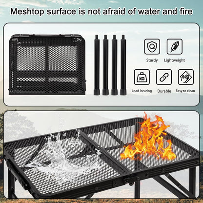 Lightweight Folding Grill Table with Mesh Desktop, Camping Table Folding Portable Camp Aluminum ,Picnic, Backyard, BBQ, Patio, Black