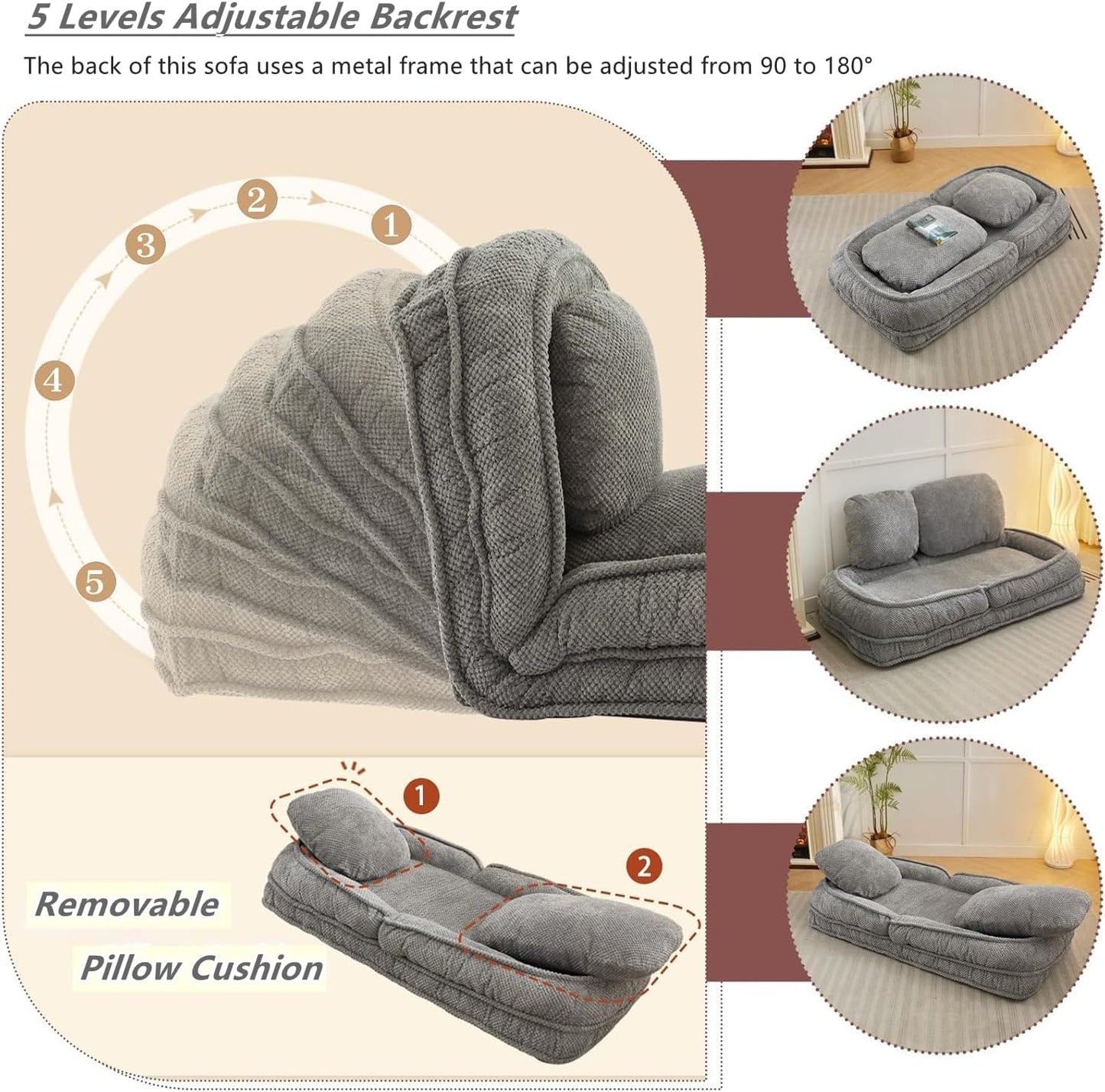 Foldable Lazy Sofa Bed with 5 Levels Adjustable Backrest, Gray | Comfy Upholstered Human Dog Bed for Adults and Pets, Lazy Floor Lounger with 2 Soft Cushions for Living Room Bedroom