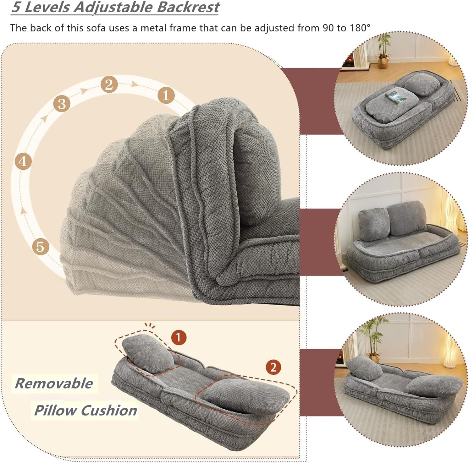 Foldable Lazy Sofa Bed with 5 Levels Adjustable Backrest, Gray | Comfy Upholstered Human Dog Bed for Adults and Pets, Lazy Floor Lounger with 2 Soft Cushions for Living Room Bedroom
