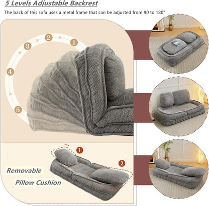 Foldable Lazy Sofa Bed with 5 Levels Adjustable Backrest, Gray | Comfy Upholstered Human Dog Bed for Adults and Pets, Lazy Floor Lounger with 2 Soft Cushions for Living Room Bedroom