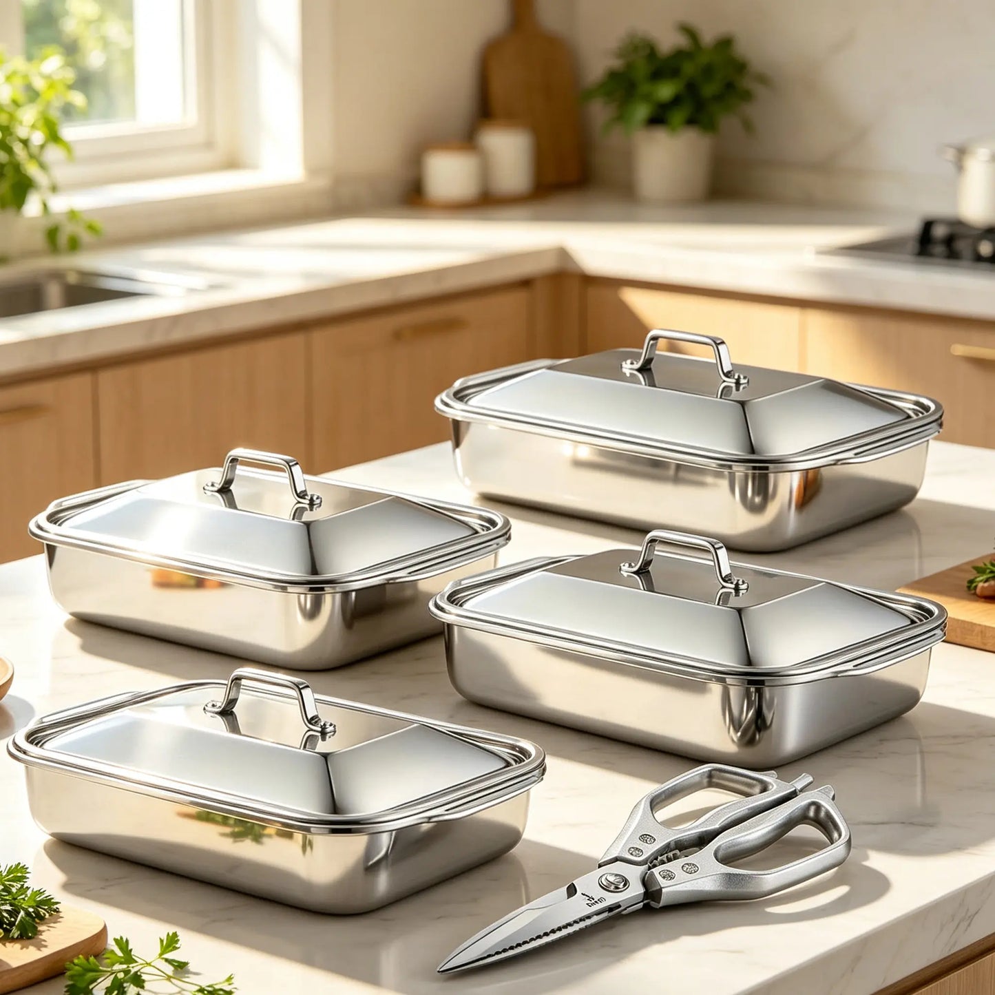 Set of 2/4 Extra Large Stainless Steel Bakingpans with Lids -Non-Stick Thick-Bottomedrectangular Oven Traysfordesserts Breadand Seafood Perfect for Grillingandbuffetserving Spacious Design Non-Sticksurface Ovensafebaking Pans Mother'S Daygift