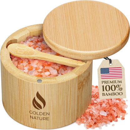 Salt Jar with Lid and Spoon - Sea Salt Flake Holder - Bamboo Cellar with Magnetic Swivel Lid & Built in Spoon Slot - Spice Container Storage Box for Countertop - Pepper Crock