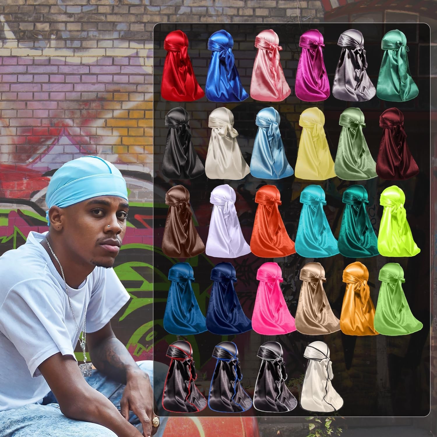Durags for Men, Silky Satin Durag, Do Rag for Waves, 2 Pieces | Long Straps, Wide Band, Breathable Fabric, Smooth Texture, Unisex Fit, for Workout, Wave Compression, Nighttime Wear