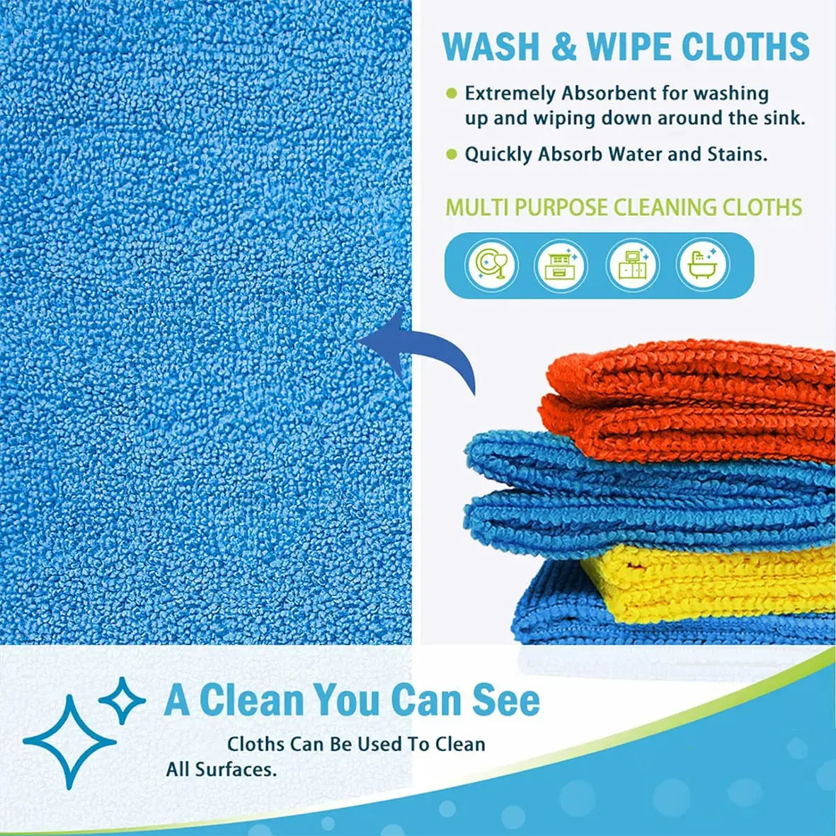 Microfiber Cleaning Cloths, Multi-Color Pack (5/10/20/50Pcs, 9.84X9.84In) - Quick-Dry, Scratch-Free, Durable for Kitchen Bath Daily Clean on Indoor Surfaces