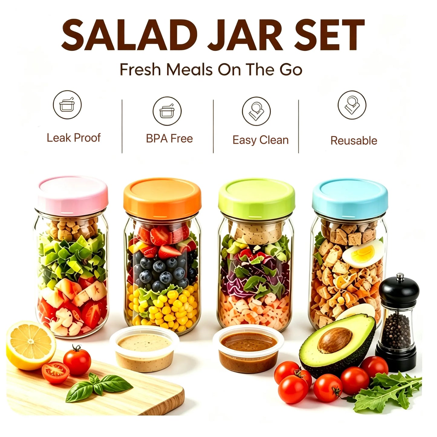 4-Pack 32Oz Airtight Sealable Glass Salad Jars with Screw-On Lids - Kitchen Food Storage Containers, Built-In Wet/Dry Separation Boxes, Meal Prep Containers for Work Lunches, Fridge-Friendly, Customizable, Glass Food Container, Storage Bottles & Jars