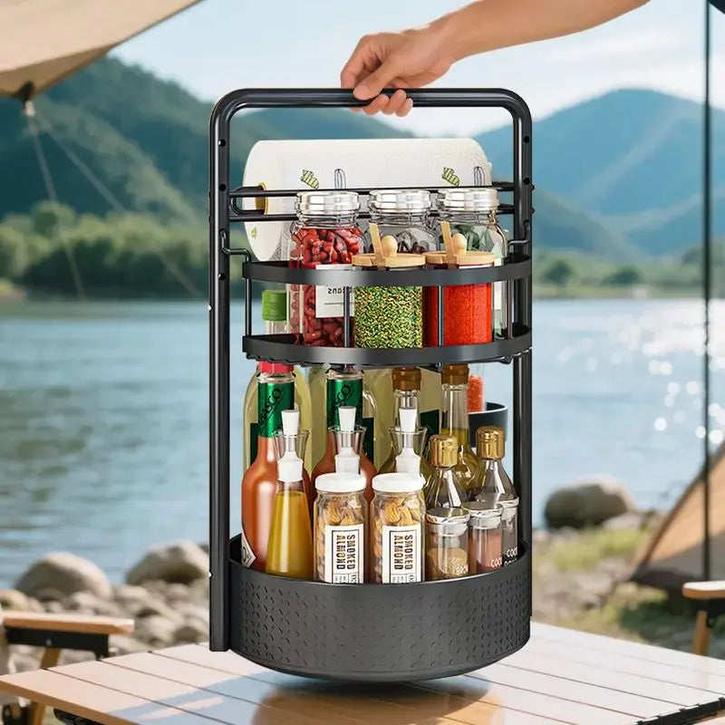 2 Tier 360 Rotating Spice Rack Lazy Susan Organizer, Heavy Duty Metal Frame Countertop Caddy with Paper Towel Holder Keeps Seasonings & Condiments Easy to Reach for Homeowners, Cooks & Families, for Kitchen Countertop, Cabinet, Pantry & Table