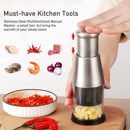 Multifunctional Stainless Steel Garlic Chopper, Onion Press, Manual Vegetable Chopper, Easy Clean, Silver