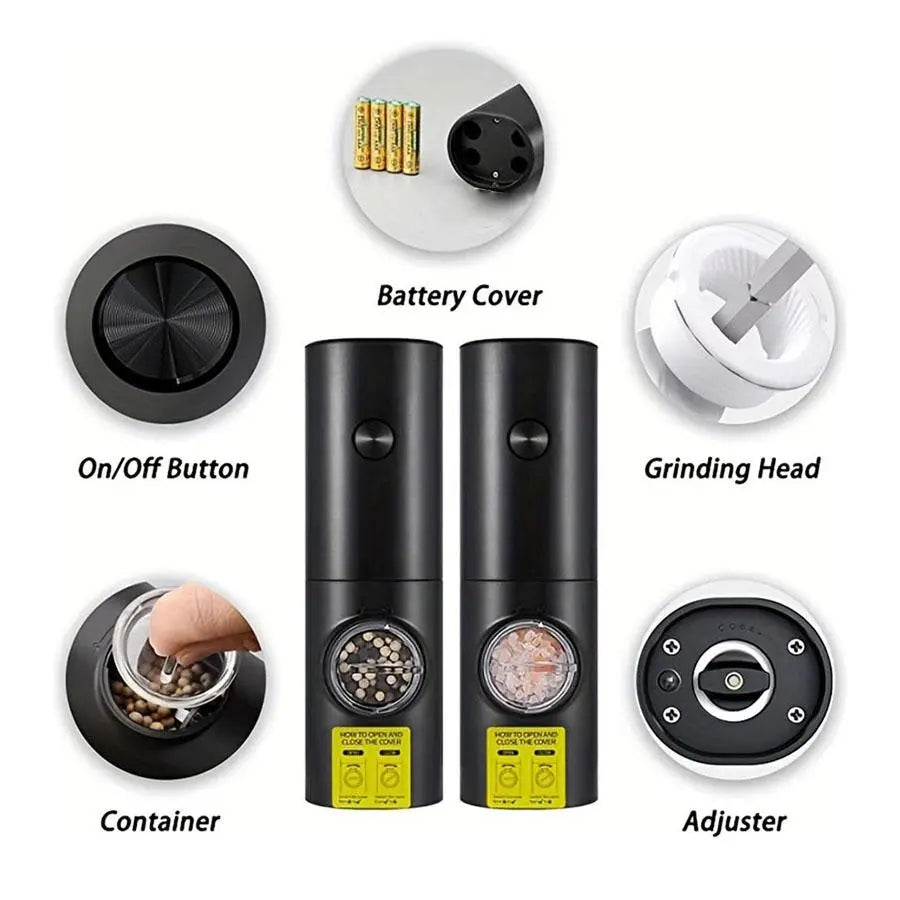 Electric Salt and Pepper Seasoning Grinder Set, 1- or 2-Count Battery-Powered Adjustable Grinder with LED Light, Base & Brush, Kitchen Gadget Gift, Kitchenware, Batteries Not Included #GLOBAL PICKS