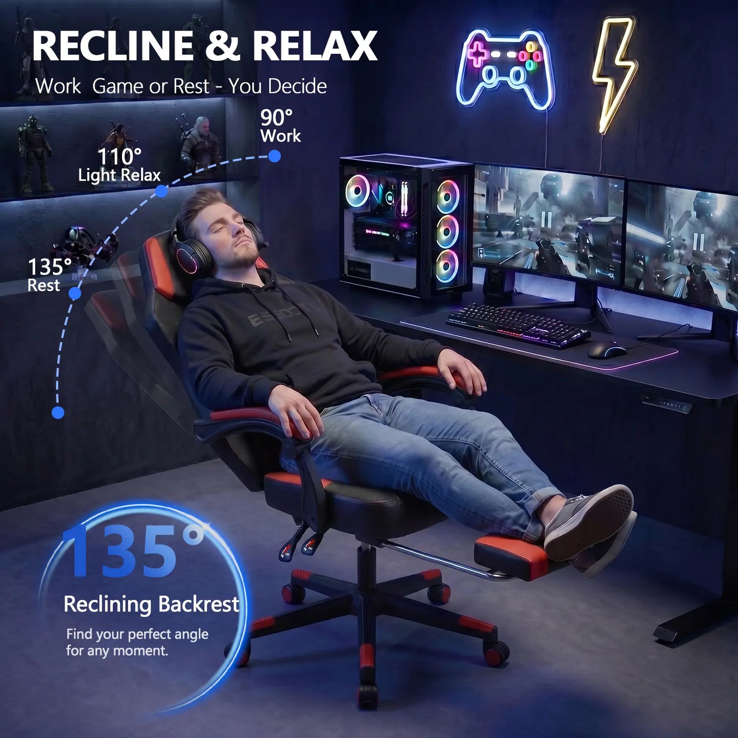【Mecha Glow Chair】Mr IRONSTONE Gaming Chair, Mecha Style Breathable Mesh Back Esports Chair with LED Lights & Footrest, Ergonomic High-Back Computer Desk Chair for Summer Cooling, Gamer Gift NEW Arrival!!!Level up Your Setup for Summer!